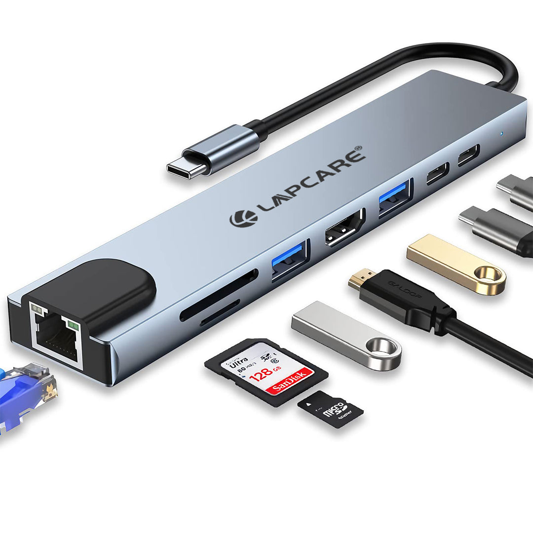 8-in-1 USB-C Docking Station 4K HDMI, 87W PD, USB 3.0, RJ45, SD/Micro SD- Multiport Hub (LC-801)