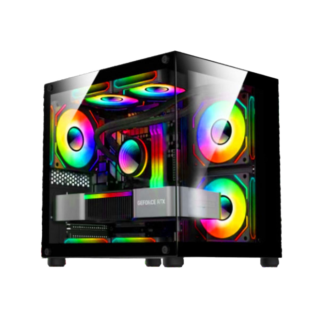 Champ Gaming Computer Case With Tempered Glass Side Panel | 3 Fixed Color Rainbow Fans- Black (LOX-505)