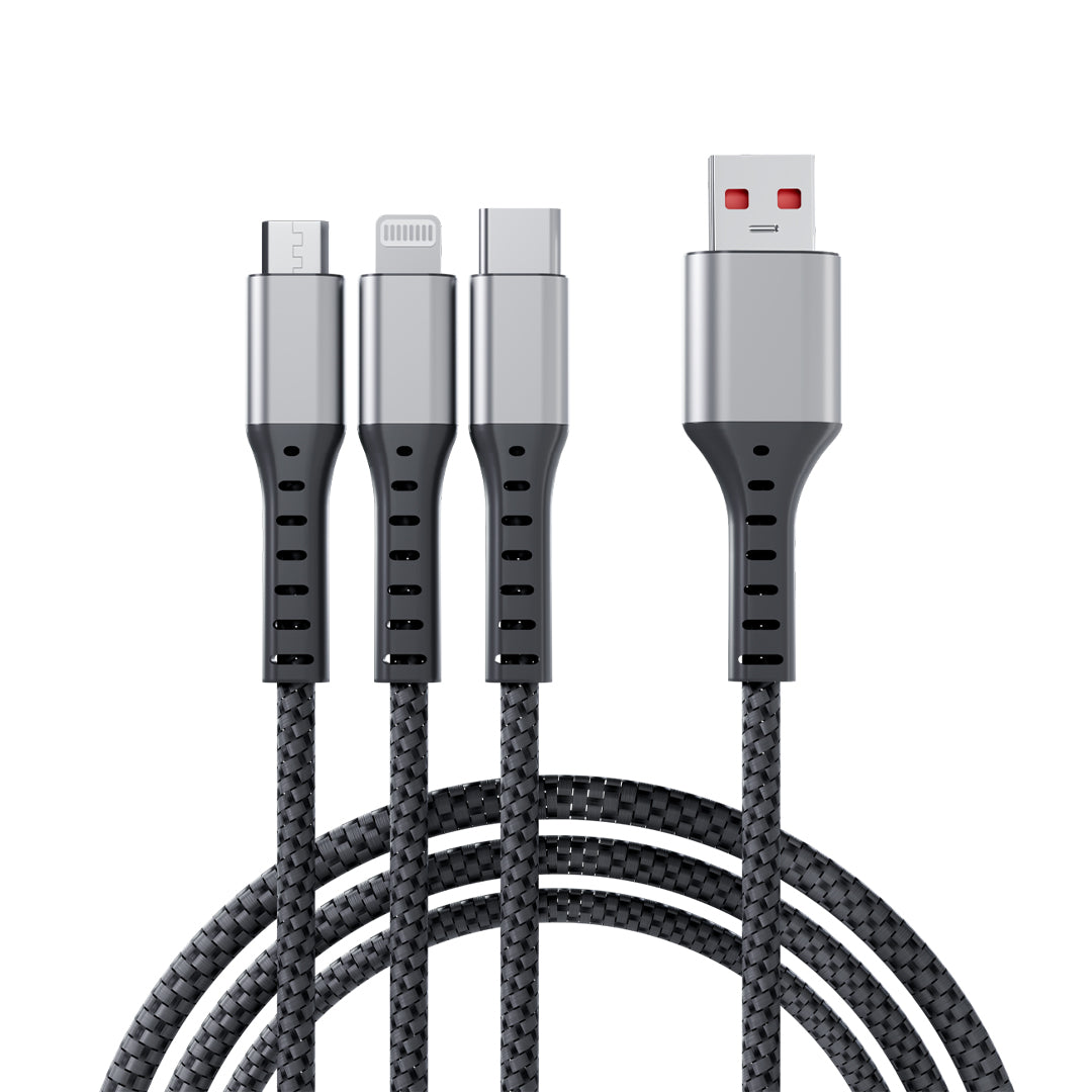 HOOK 65W 3-in-1 Braided Fast Charging Cable (USB-A to Micro USB + Type-C + Lightning)- LOX-545
