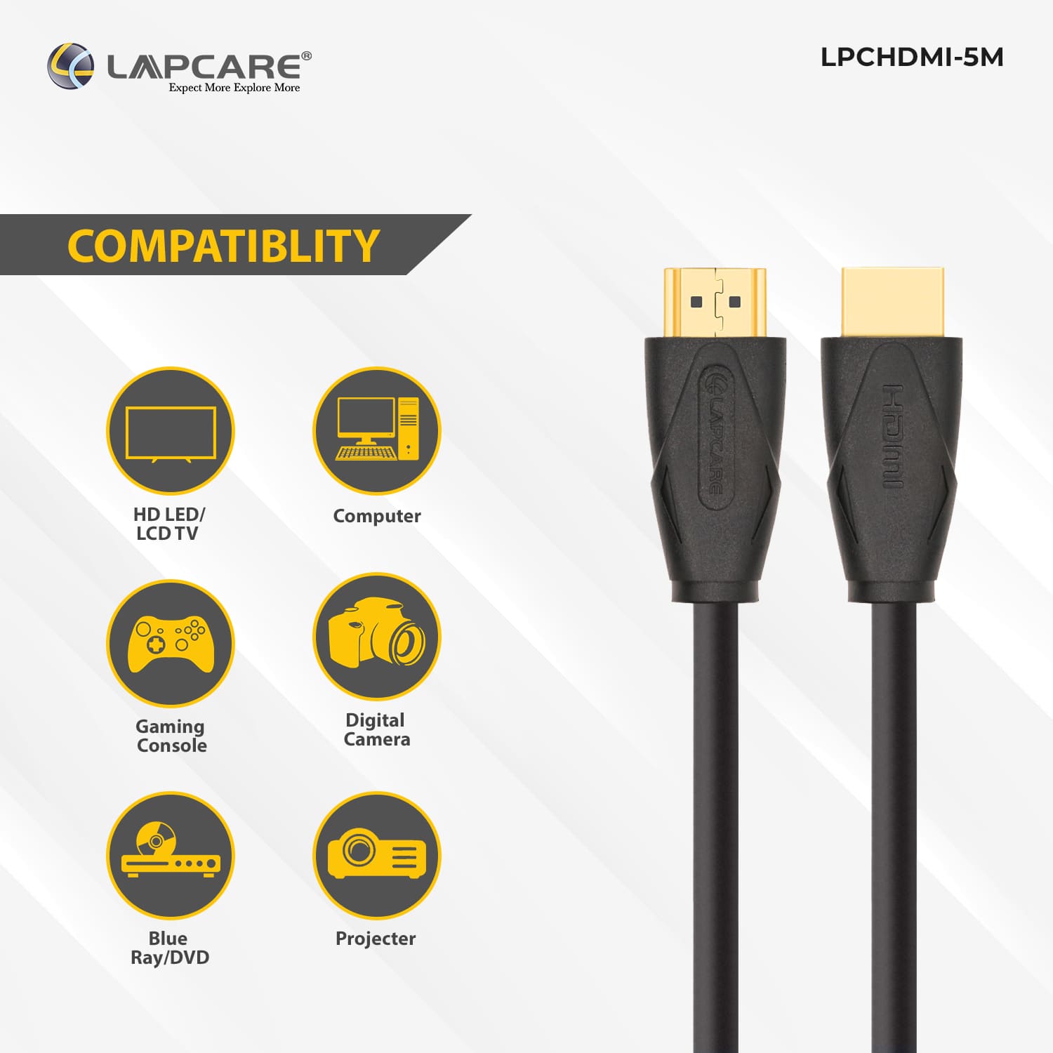 Lapcare high speed HDMI 1.4 cable with Ethernet +3D True Ultra HD (5M)