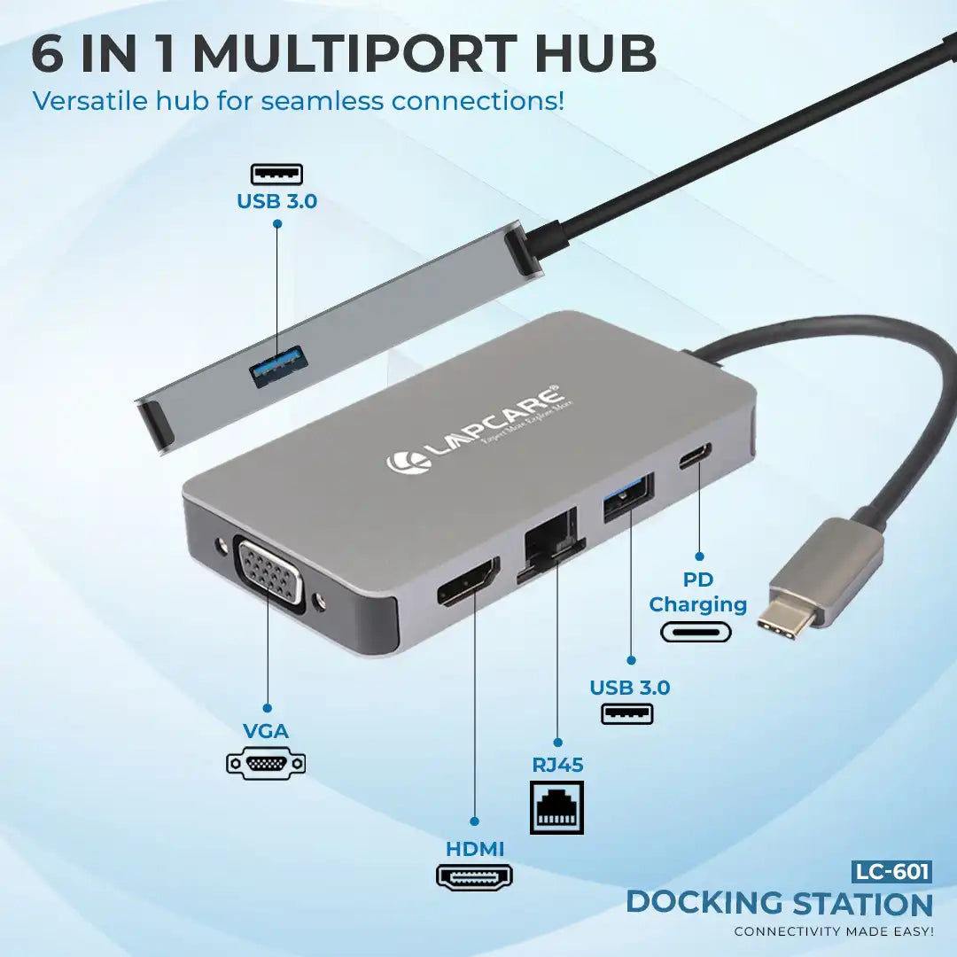 Lap-C 6 in 1 extended Travel Docking Station USB 3.0x2, RJ45x1, HDMIx1, VGAx1,PDx1