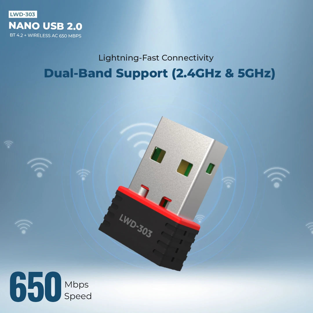 Lapcare Bluetooth 4.2+ Wireless AC 650Mbps NANO USB 2.0 Adapter (LWD-303)