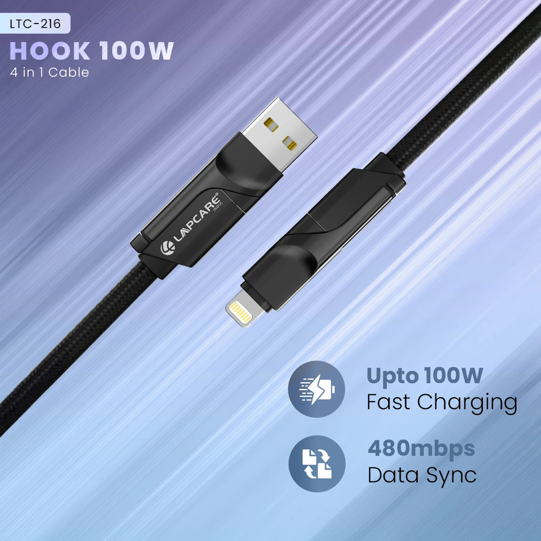 Hook 100W 4-in-1 Flat Braied Cable With Zinc Alloy Shell (LTC-216)