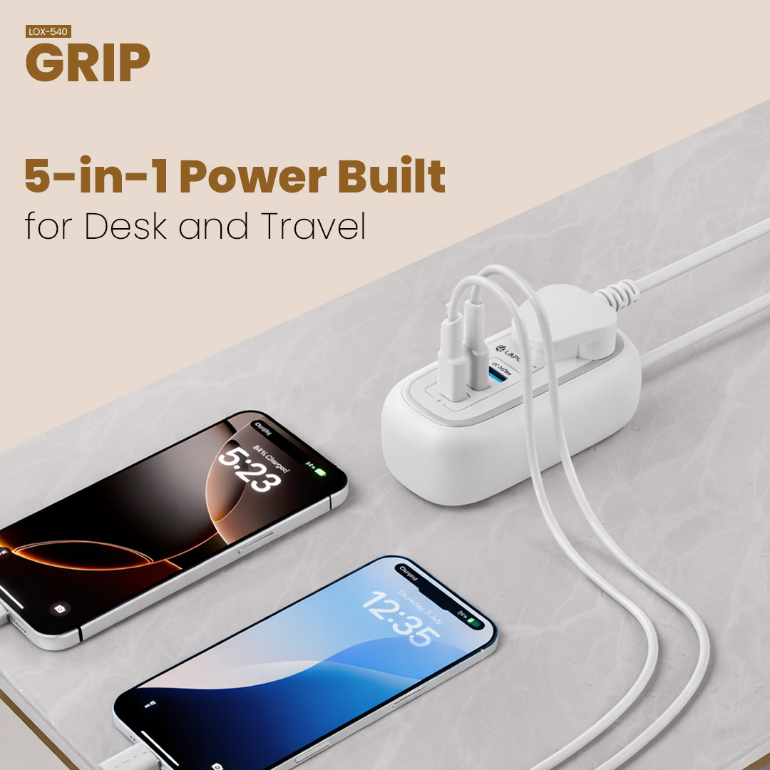 GRIP 5-in-1 Desktop Power Strip With 67W GaN Fast Charging- (White)