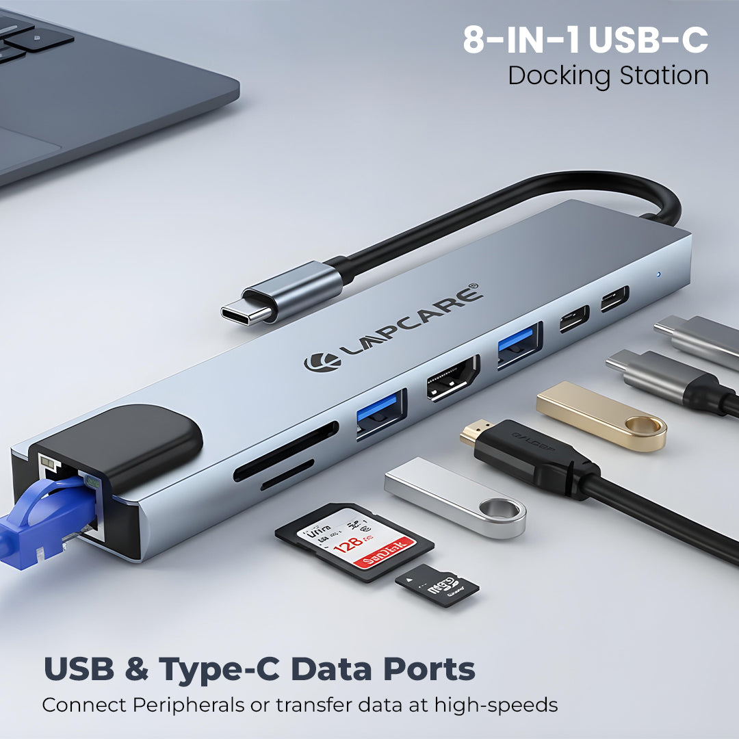 8-in-1 USB-C Docking Station 4K HDMI, 87W PD, USB 3.0, RJ45, SD/Micro SD- Multiport Hub (LC-801)