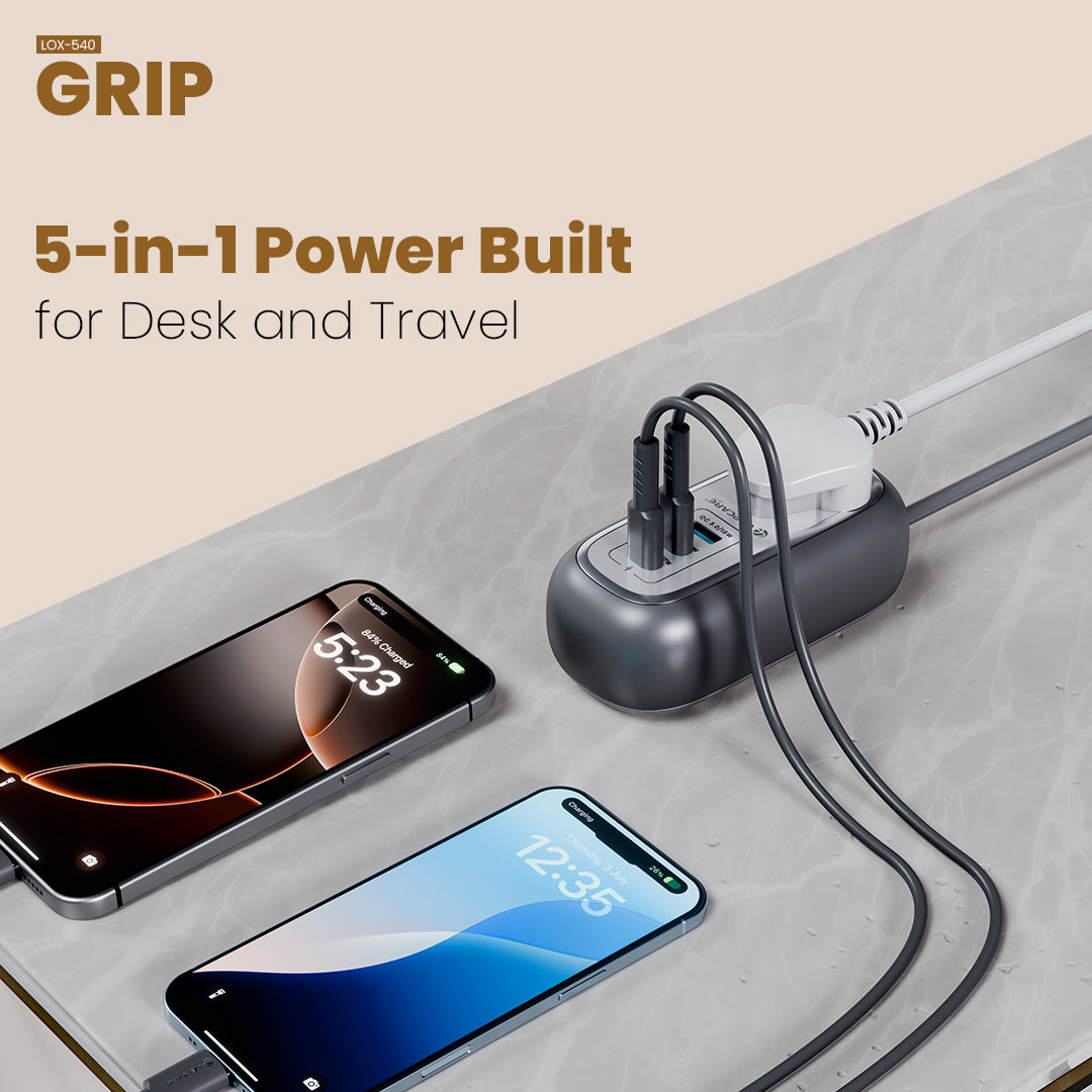 GRIP 5-in-1 Desktop Power Strip With 67W GaN Fast Charging- (Black)