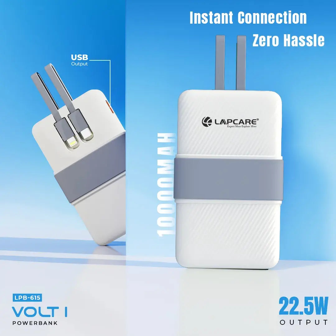 Volt 1 10000mAh Pocket Power bank With 3 output, 1 USB A port, 1 type c cable,1 lighting cable - Grey(LBP-615)