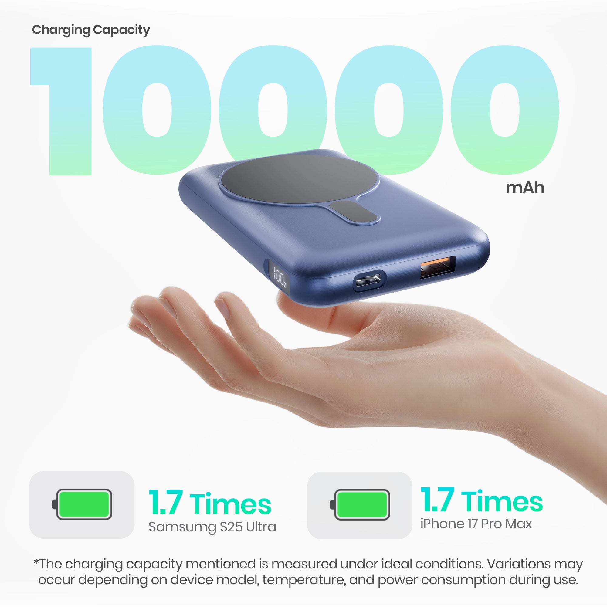 Riveraa 10000mAh Pocket Power Bank | 22.5W Fast Wired & 15W Mag-Safe Charging- Blue (LOX-201)