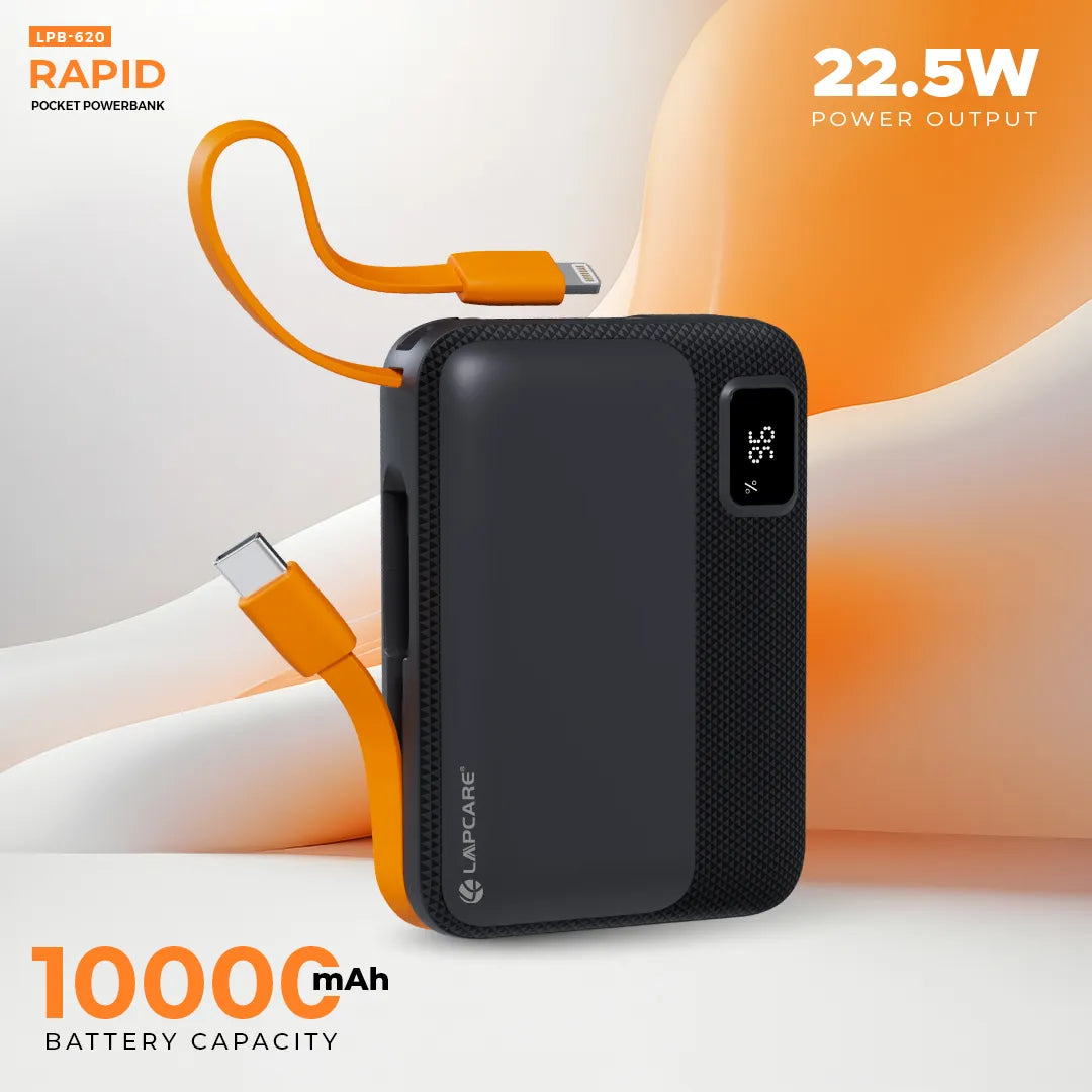Rapid 10000mAh Pocket Power Bank With 22.5W charging & In-Built Cables- Black (LPB-620)
