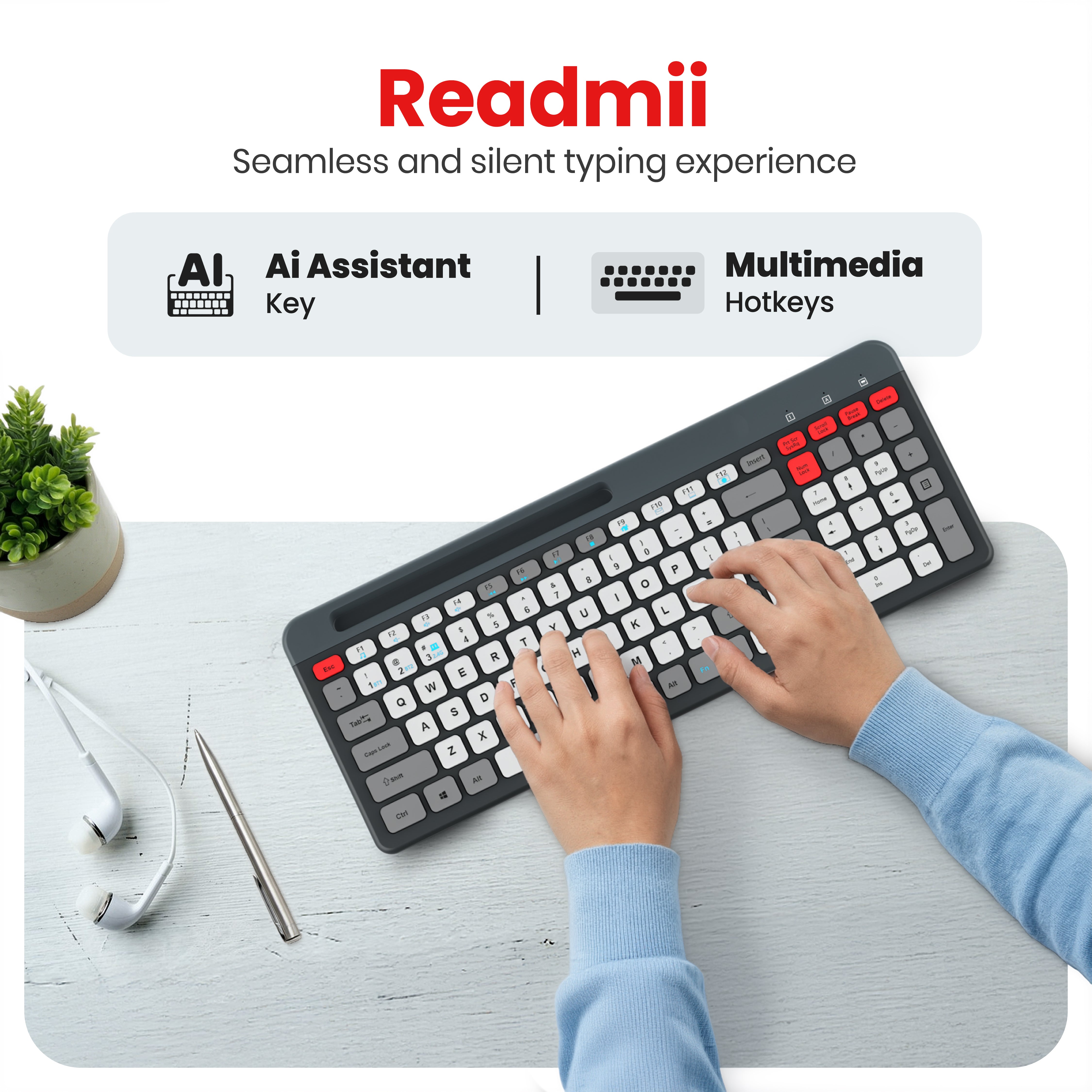 Readmii 2.4GHz Wireless & Bluetooth 5.1 Rechargeable Keyboard with AI Assistant Key- Multicolor (LWK-819)