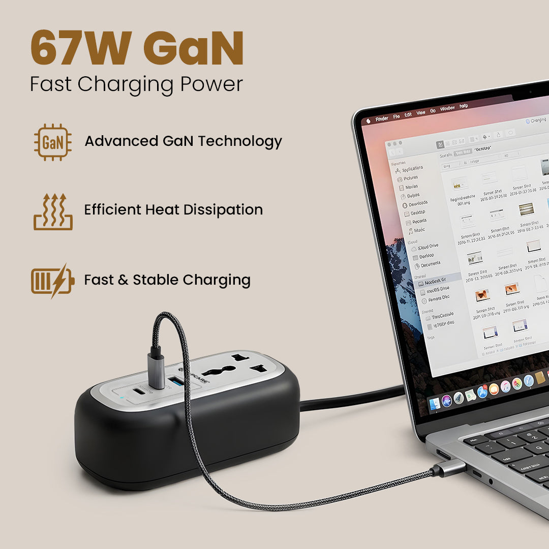 GRIP 5-in-1 Desktop Power Strip With 67W GaN Fast Charging- (Black)