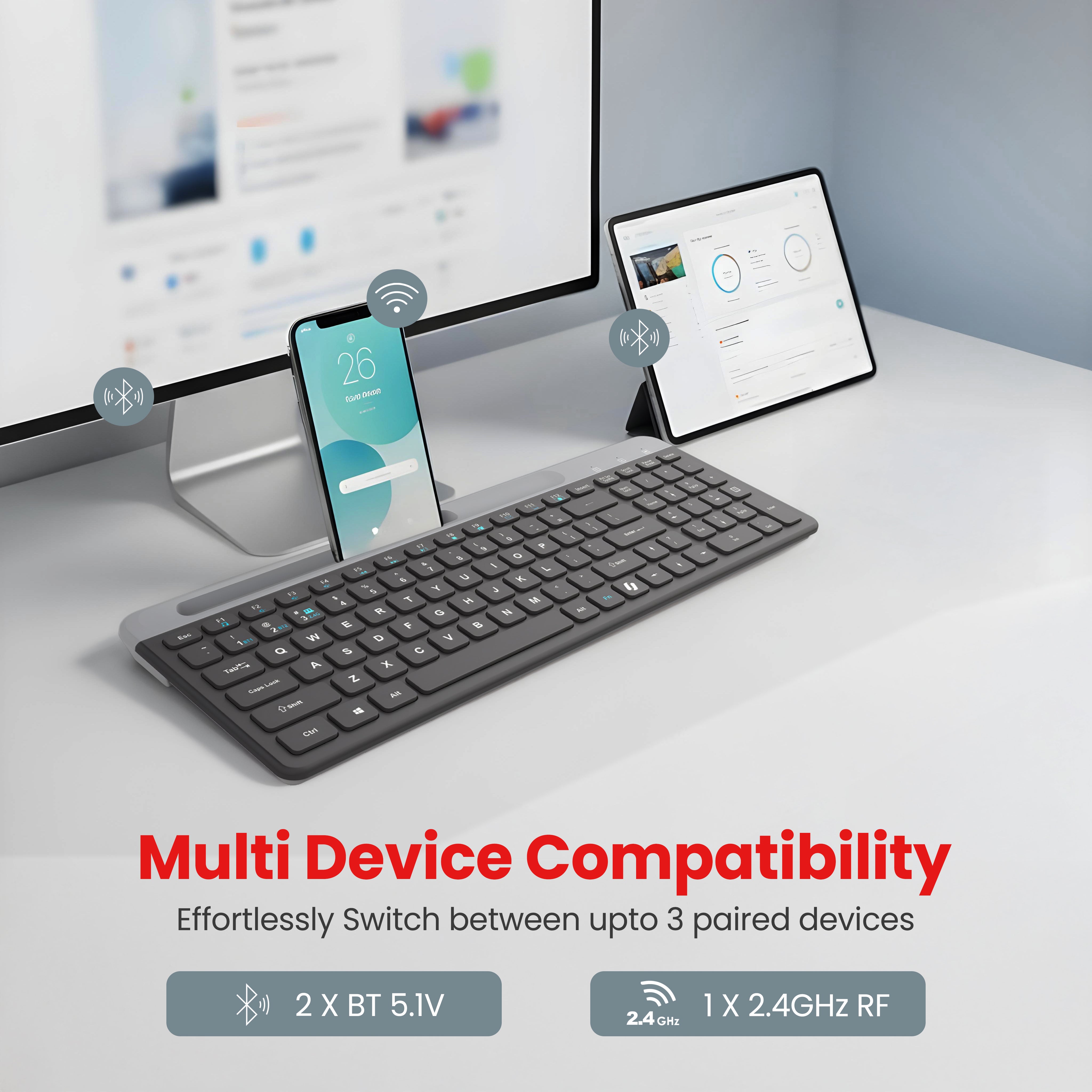 Readmii 2.4GHz Wireless & Bluetooth 5.1 Rechargeable Keyboard with AI Assistant Key- Black (LWK-816)