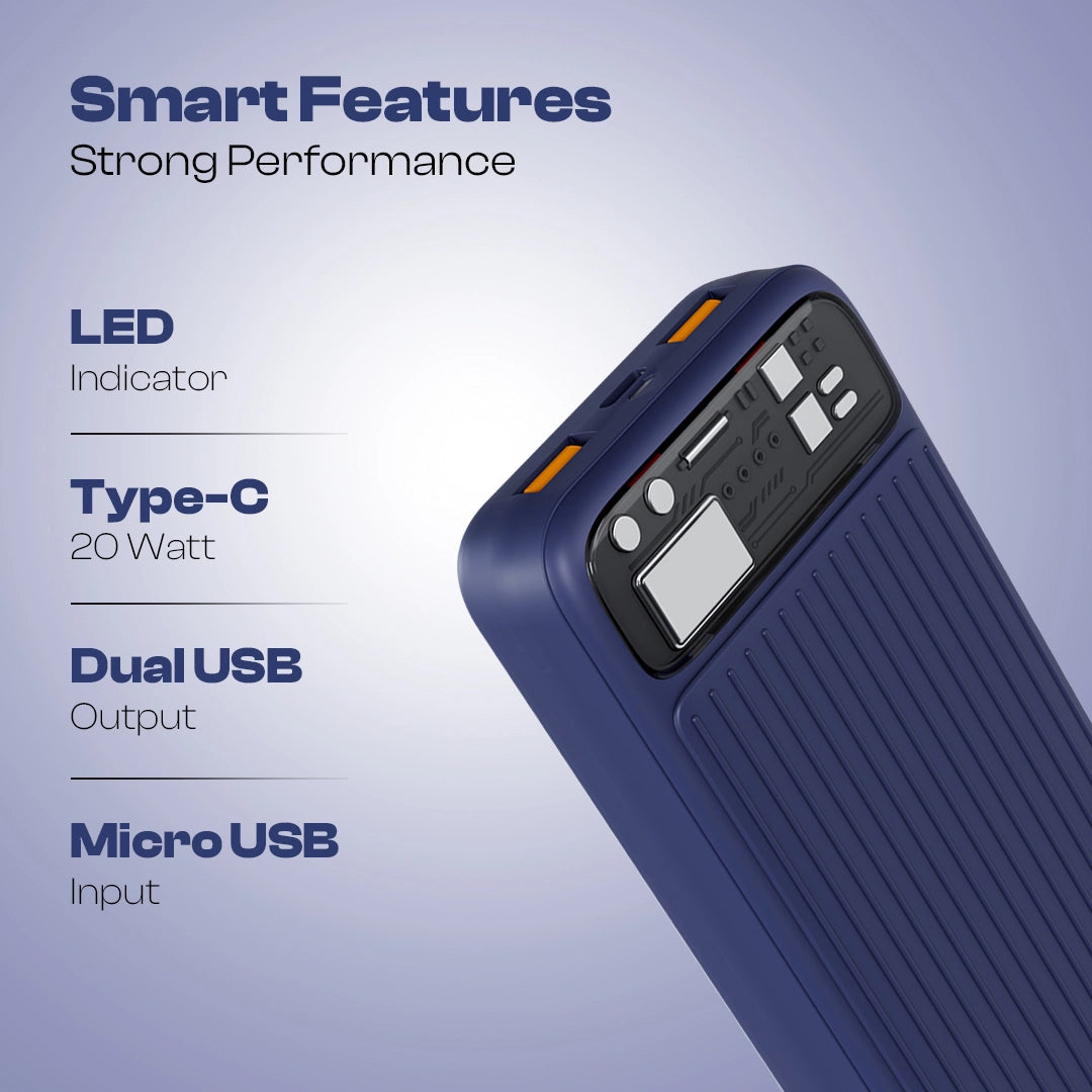 TopUp 20000mAh Power Bank | 22.5W Fast Charging | Dual USB + Type-C- Dark Blue (LOX-320)