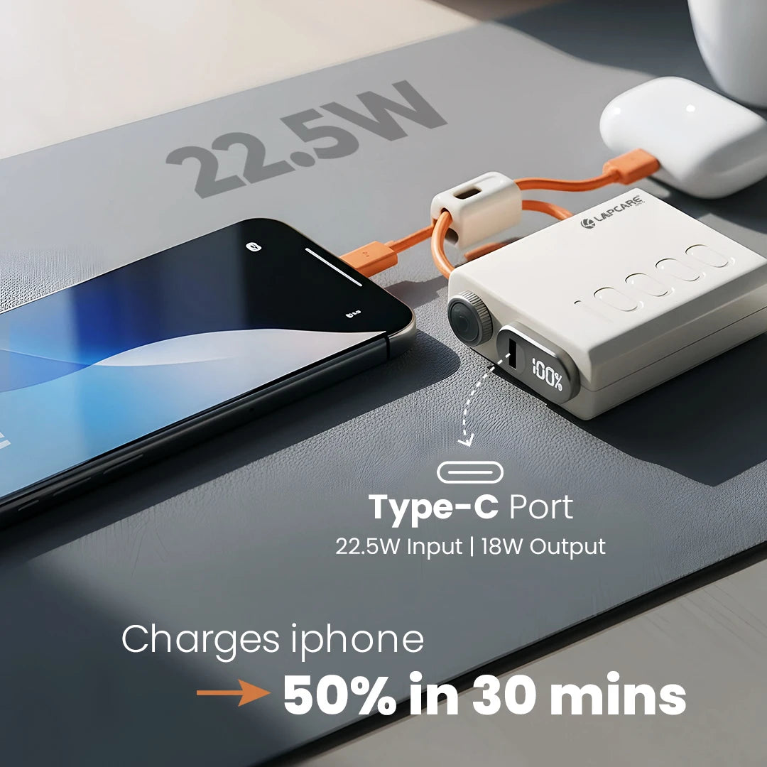 Royale 10000mAh Pocket Power Bank With Dual In-Built Cables (Type-C & Lightning)- (LOX-226)