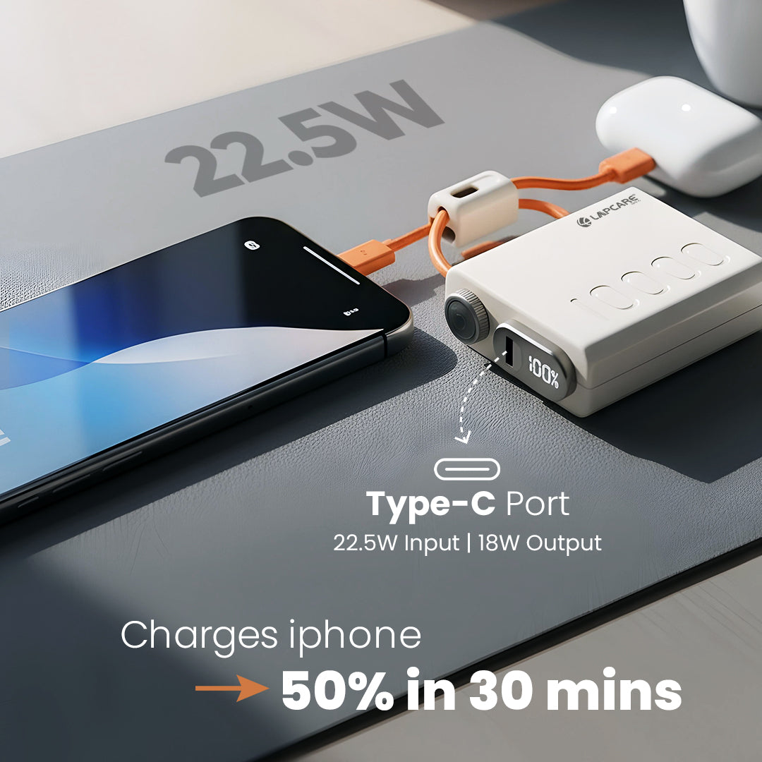 Royale 10000mAh Pocket Power Bank With Dual In-Built Cables (Type-C & Lightning)- (LOX-226)