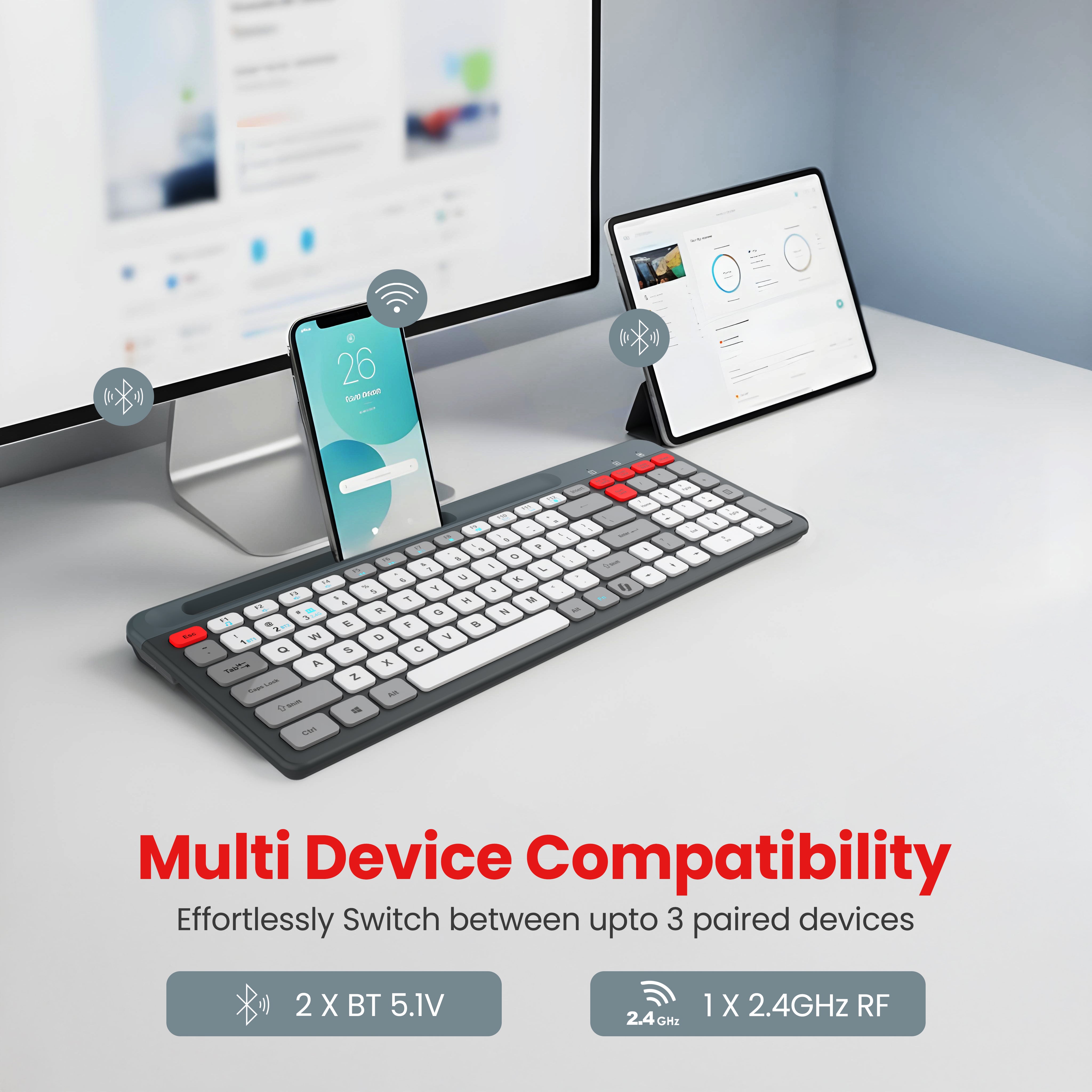 Readmii 2.4GHz Wireless & Bluetooth 5.1 Rechargeable Keyboard with AI Assistant Key- Multicolor (LWK-819)