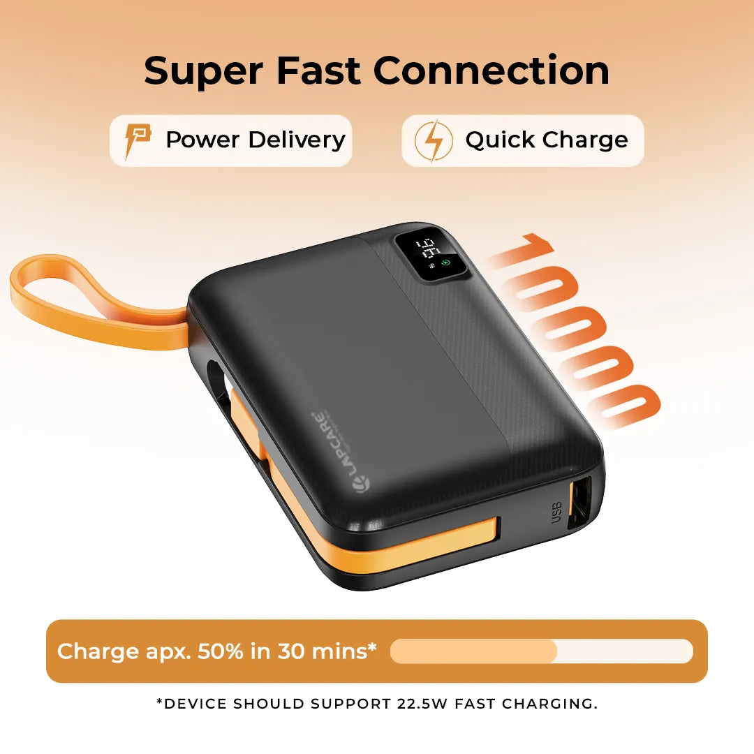 Rapid 10000mAh Pocket Power Bank With 22.5W charging & In-Built Cables- Black (LPB-620)