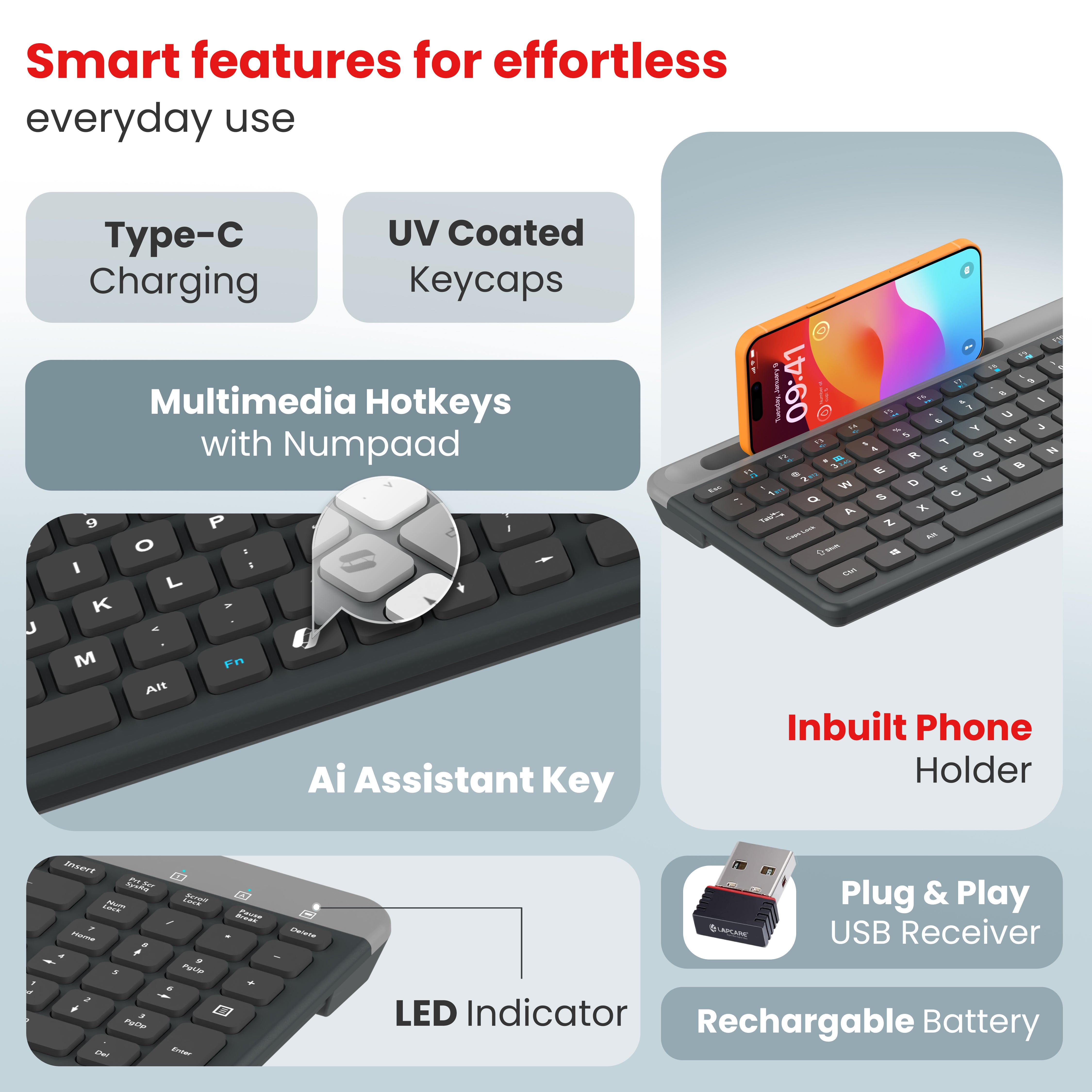 Readmii 2.4GHz Wireless & Bluetooth 5.1 Rechargeable Keyboard with AI Assistant Key- Black (LWK-816)