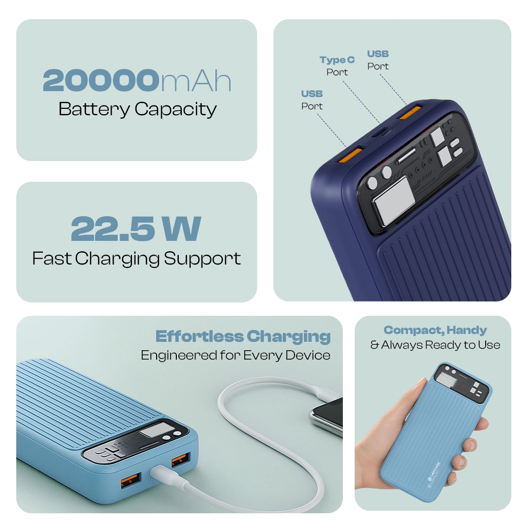 TopUp 20000mAh Power Bank | 22.5W Fast Charging | Dual USB + Type-C- Blue (LOX-320)