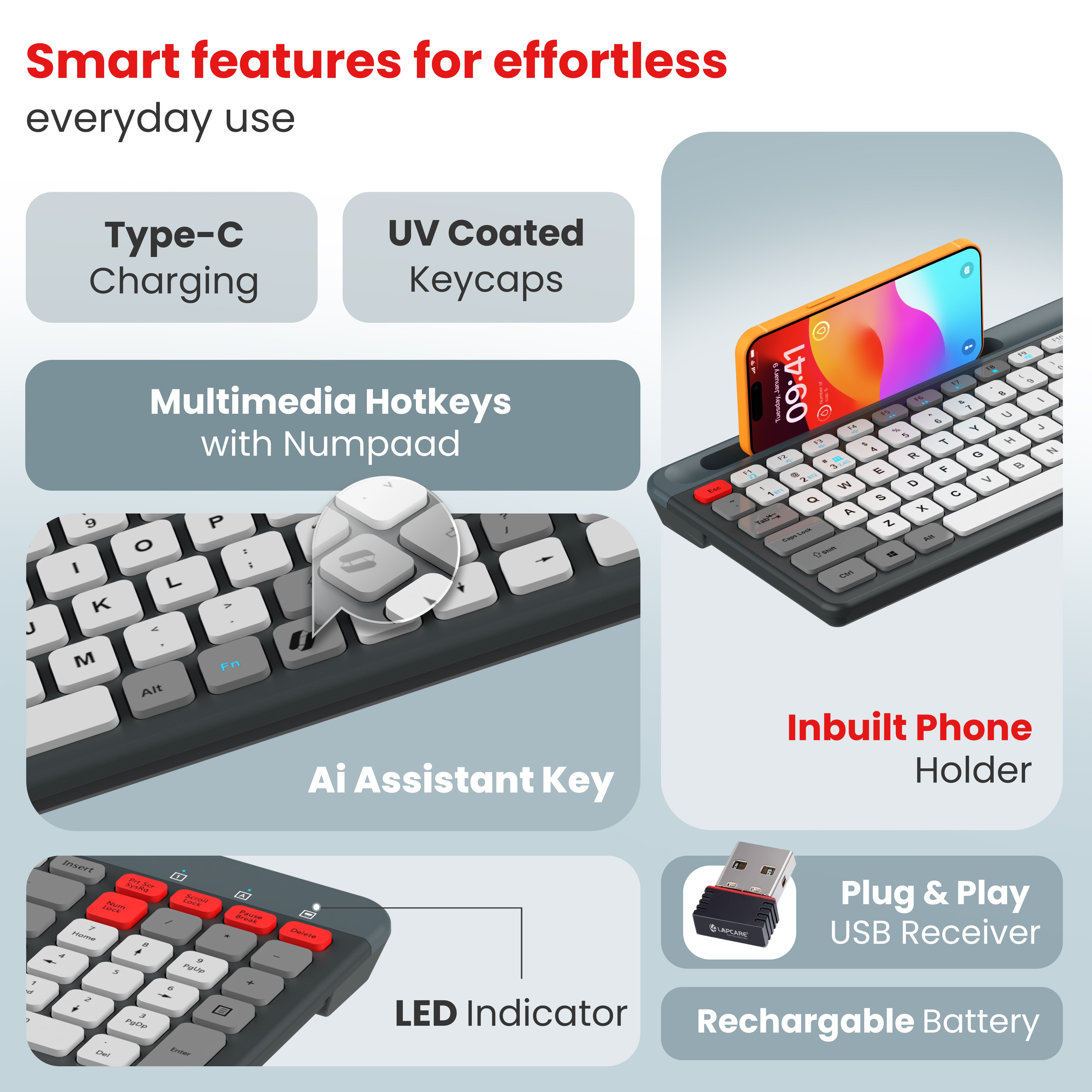 Readmii 2.4GHz Wireless & Bluetooth 5.1 Rechargeable Keyboard with AI Assistant Key- Multicolor (LWK-819)