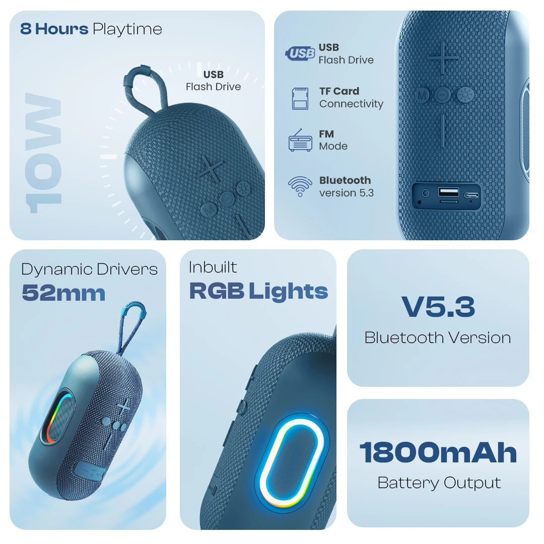 Ozzie 10W Bluetooth Speaker with RGB Light & TWS Stereo Sound- Blue (LBS-102)