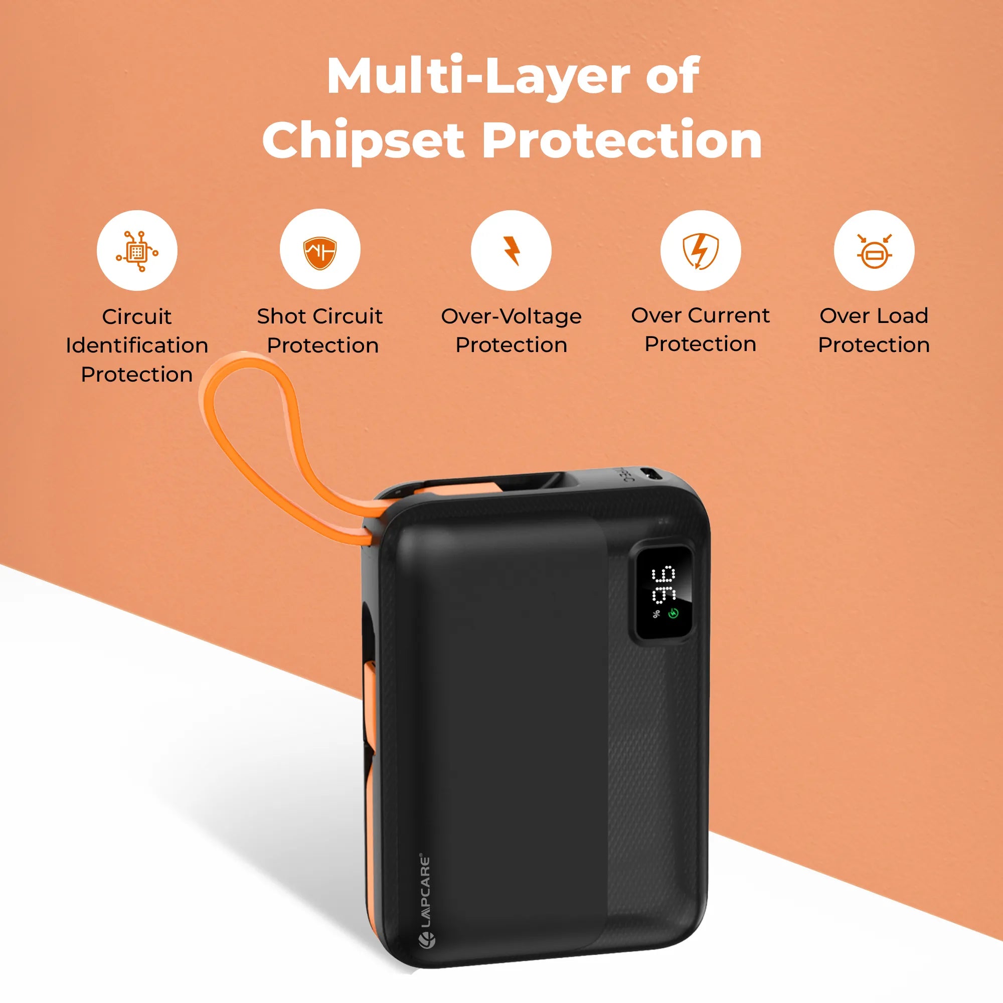 Rapid 10000mAh Pocket Power Bank With 22.5W charging & In-Built Cables- Black (LPB-620)