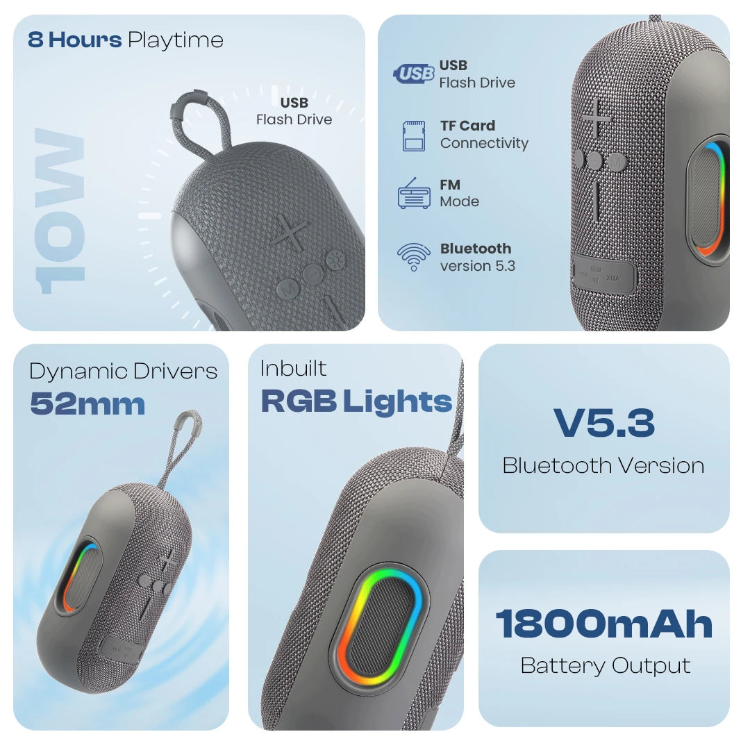 Ozzie 10W Bluetooth Speaker with RGB Light & TWS Stereo Sound- Grey (LBS-102)