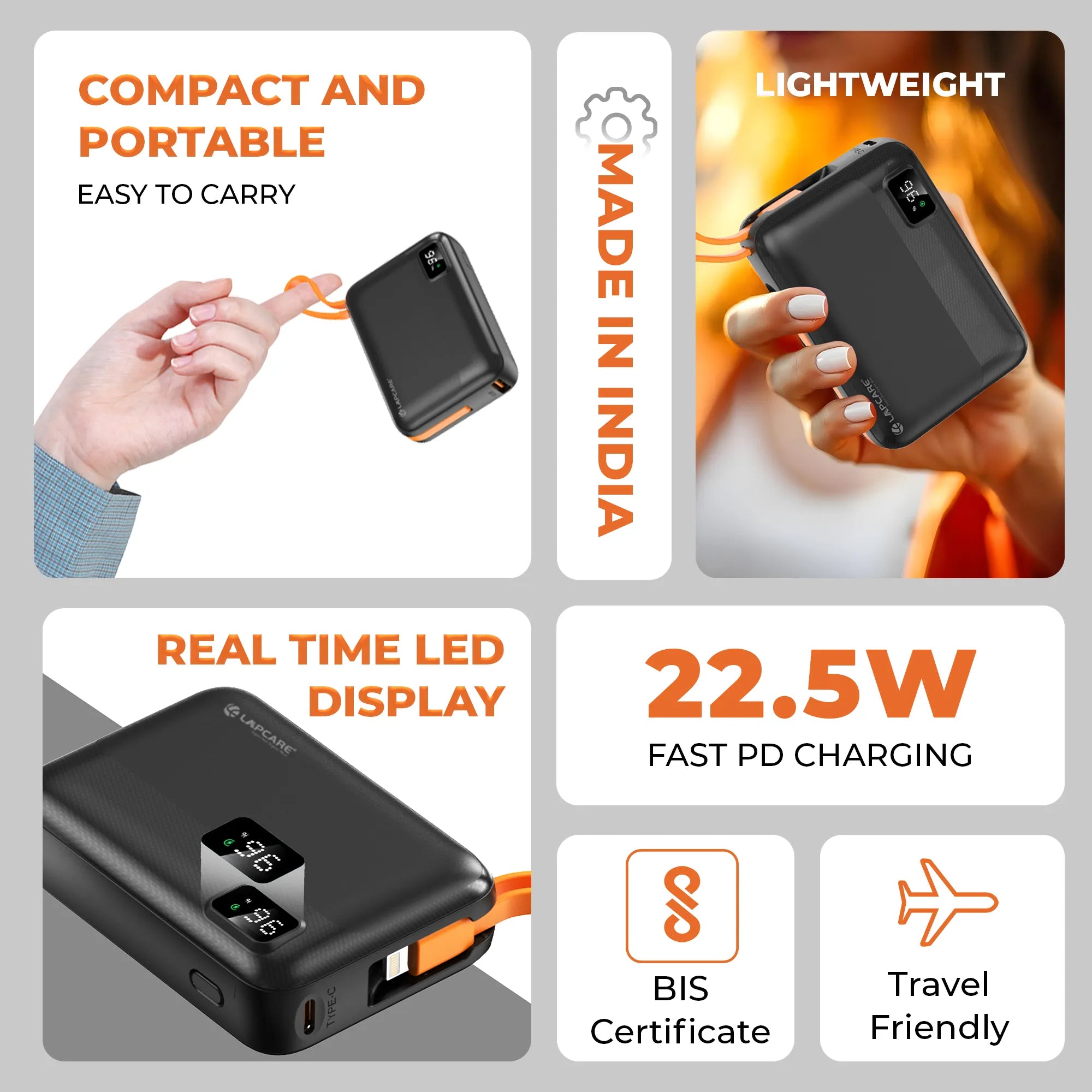 Rapid 10000mAh Pocket Power Bank With 22.5W charging & In-Built Cables- Black (LPB-620)