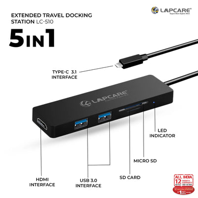 Lapcare-C 5 in 1 extended Travel Docking Station (2*USB / HDMI / Card Reader)