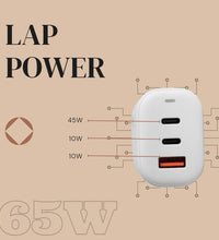 Lap Power Veloz 65W Multiport 2 Type-C & 1 USB GAN Charger(LAQCPD-213)
