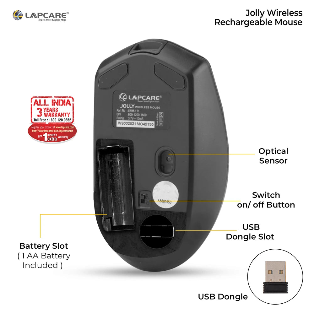 Jolly Rechargeable Mouse - 4 Button, 1600 dpi - Black